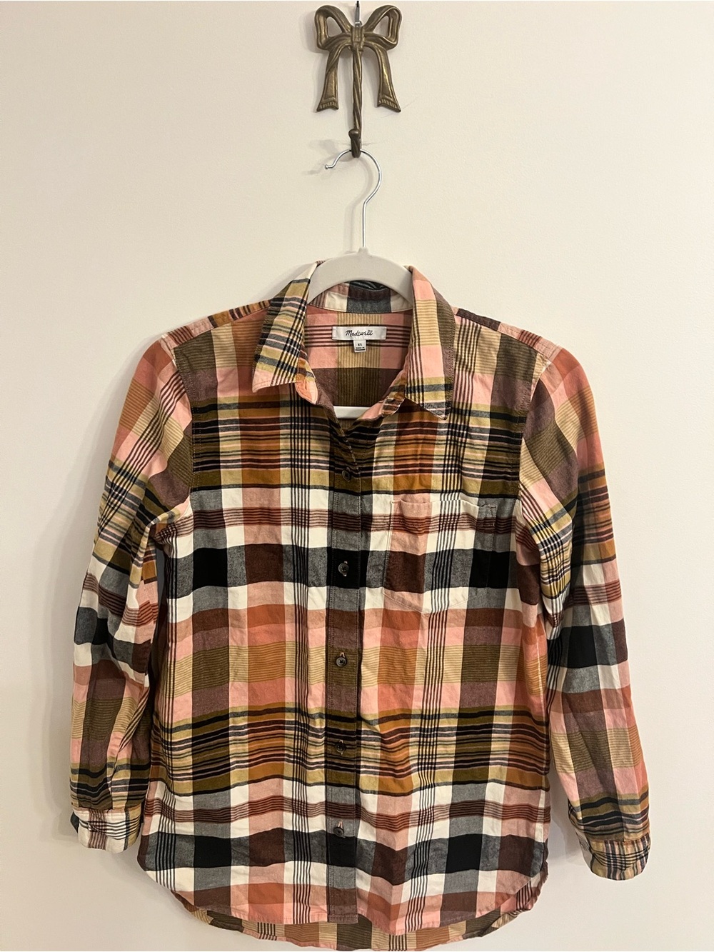 Madewell Women's Shirt Top Pink Brown Plaid Pocket Classic Cotton Fall